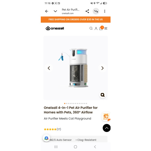 Oneisall 4-in-1 Pet Air Purifier for Homes with Pets, 360° Airflow