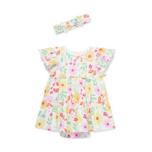 Baby Girls Happy Floral Bodysuit Dress with Headband