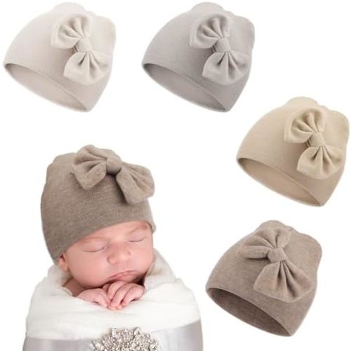 Cuffbow 4 Pcs Preemie Hats Bow Cap Warm Hospital Premature Baby Cotton Beanie for Premature Boy Girl Newborn 3-7 Lbs Infant