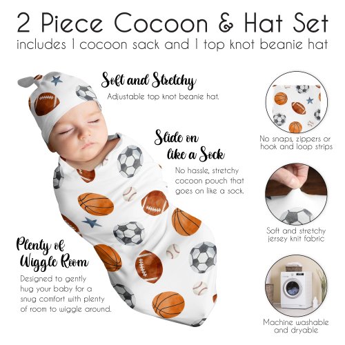 Sweet Jojo Designs Sports Theme Boy Baby Cocoon and Beanie Hat Sleep Sack 2pc Set Watercolor Soccer Football Baseball Basketball