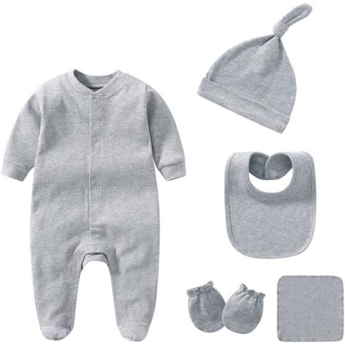Newborn Boy Girl Clothes Sets Cotton Long Sleeve Romper Jumpsuits Unisex Outfits With Baby Mittens Hats Gloves