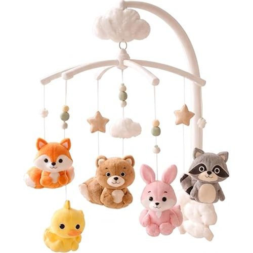 Juju Animal Crib Mobile – Soft Woodland Nursery Mobile with Fox Bear Bunny Raccoon and Duck – Hanging Cloud and Star Mobile for Crib Room Décor and Calm Visual Stimulation
