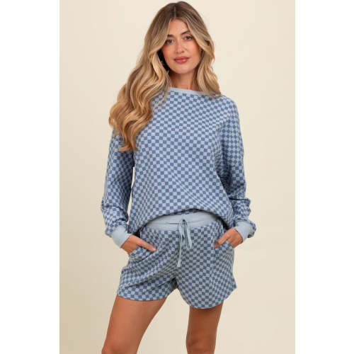 Blue Checkered Plaid Pullover Shorts Maternity Set – PinkBlush