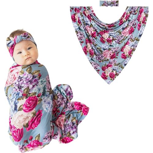 Posh Peanut Swaddle Blanket & Headband Set – Viscose from Bamboo Stretchy Baby Swaddle for Newborn Girls, Receiving Blanket or Nursing Cover (Lacey)