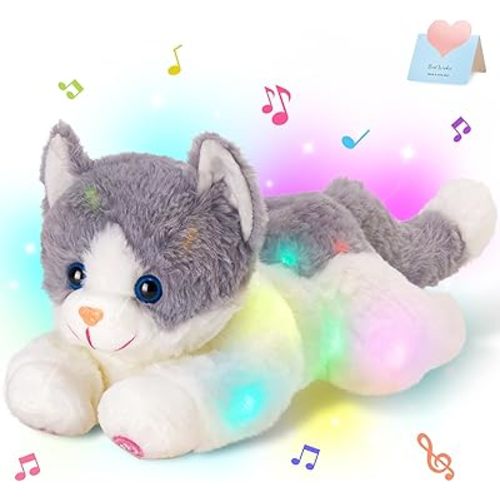 Houwsbaby 15" Gray LED Musical Cat Stuffed Animal Floppy Singing Kitty Light Up Plush Toy Kitten Lullaby Animated Soothe Birthday Festival for Kids Toddlers Girls Boys