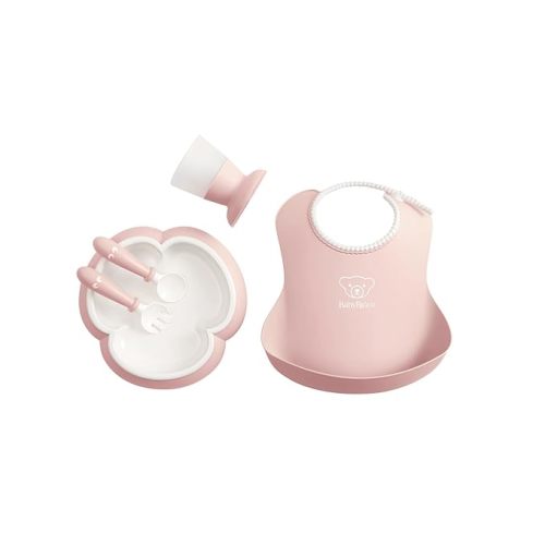 BabyBjörn Baby Dinner Set, 5 pcs, Powder pink Includes Baby Plate, Baby Fork, Baby Spoon, and Baby Cup Dishwasher Safe Toddler feeding set for self-feeding or baby-led weaning
