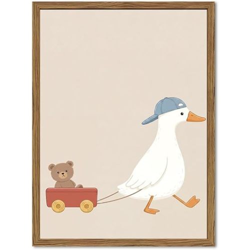 Cute Silly Goose Wall Art, Funny Goose Wall Decor Painting Whimsical Kids Animal Poster Canvas Prints Picture for Nursery Playroom Bedroom Living Room 12x16 inch Wood Framed