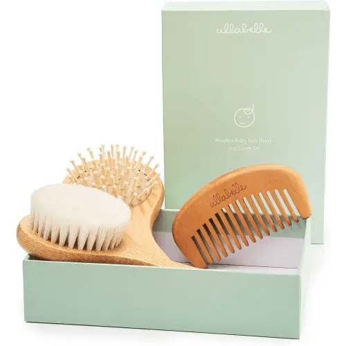 Ullabelle 3 Piece Wooden Baby Hair Brush and Comb Set for Newborns & Toddlers in Chic Gift Box - Ultra Soft Natural Goat Hair and Wood Baby Brush Set Prevents Cradle Cap - Perfect Registry Gift (Sage)