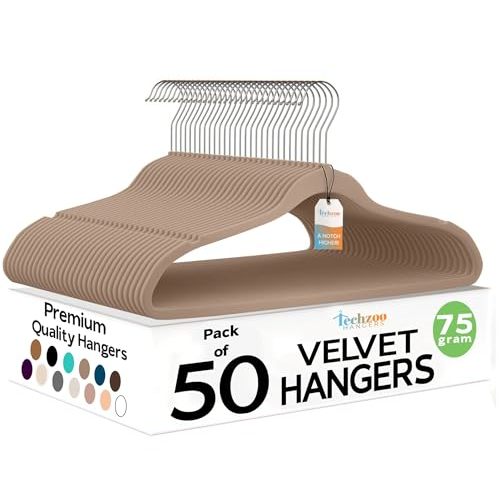 Techzoo 50 Pack New Premium Quality Velvet Hangers Ultra Thin Non Slip Adult Felt Space Saving Hangers for Closet Heavy Duty Coat Pants Dress Hangers 360° Swivel Hook Hold Upto 10 lbs Warm Taupe