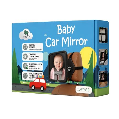 Leo&Ella Extra Large Car Mirror for Baby in Rear Facing Car Seat, Wide Crystal Clear View, 360° Adjustable Mount, Crash Tested and 100% Shatterproof, Fully Assembled