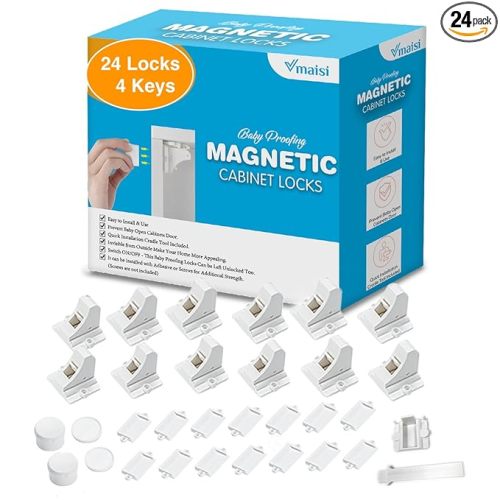 Vmaisi Adhesive Magnetic Locks for Cabinets & Drawers (24 Pack and 4 Keys + Cradle)