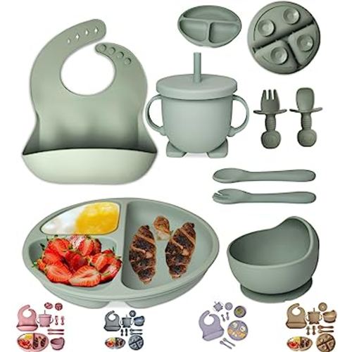 Baby Feeding Set 8-Piece | Baby Led Weaning Utensils Set Includes Suction Bowl and Plate, Baby Spoon and Fork, Sippy Cup with Straw and Lid | Baby Feeding Supplies (Army Green)