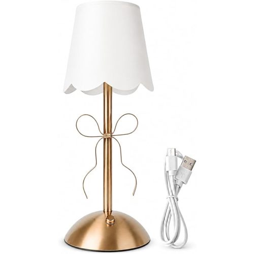 Small Bow Table Lamp, Rechargeable Touch Control Bowknot Nightstand Lamp with Fabric Shade, Portable Dimmable Bedside Light for Bedroom, Dining Room, Living Room Decor
