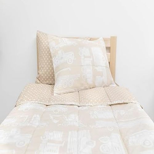Beddy's Trucks Theme Boys Durable Zipper Bedding for Kids, Bed in a Bag, Tan Sheets & Comforter with Construction Trucks & Cars, Includes Pillowcase and Pillow Sham, Easy to Make and Wash