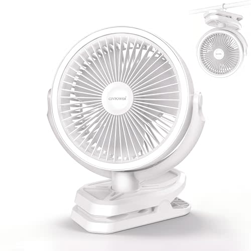 Clip on Fan 16000mAh: Portable Rechargeable Clamp Fan for Stroller Bed Camping Tent Golf Cart - Quiet Battery Operated with 3 Speed Strong Airflow LED Light Hook for Office Desk Outdoor (White)