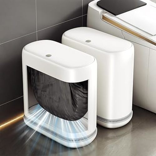 Bathroom Trash Can with Lid, 3 Gallon Small Slim Garbage Bin with Auto-Adsorption & 75 Bags (5 Rolls), Mini Waste Basket Dog Proof for Bathroom, Kitchen, Office, Bedroom, Laundry, Toilet, Rv, White