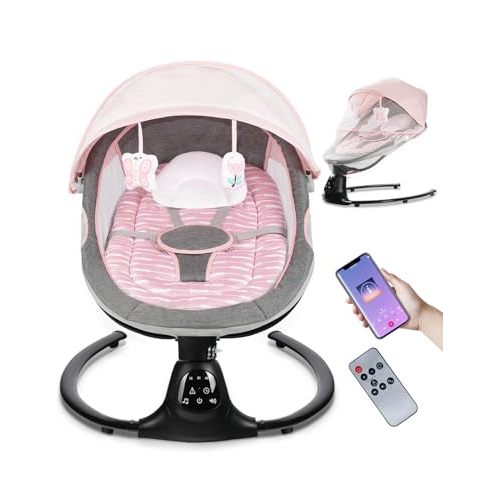 Baby Swing for Infants, 0-9 Months Baby Swing Support Music Playback, 5 Sway Speed, Electric Swing for Baby with Remote Control, Indoor & Outdoor Use (Pink)