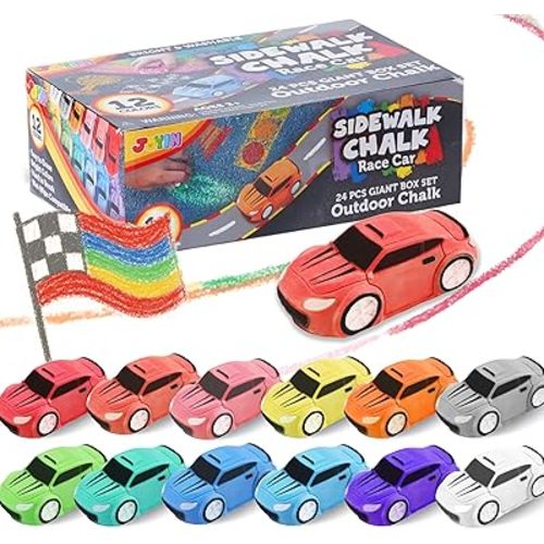 JOYIN 24PCS Race Car Sidewalk Chalk Bulk, Party Favors for Kids, Non Toxic Washable Jumbo Chalk,Toddler Outdoor Toys, Individually Wrapped, Birthday Gifts, Outside Toys (12 Colors)