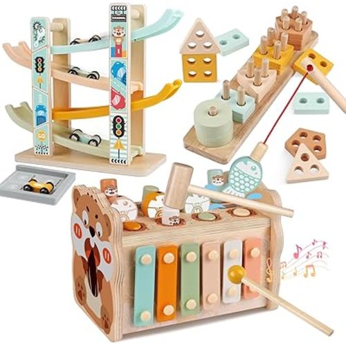 Wooden Montessori Toys for Toddlers 1-3, Baby Pounding Hammering Toy with Xylophone & Fishing Game, Car Ramp Racer, Stacking Blocks & Shape Sorter, 3 in 1 Learning Multi-Activity Set for 1 + Year Old