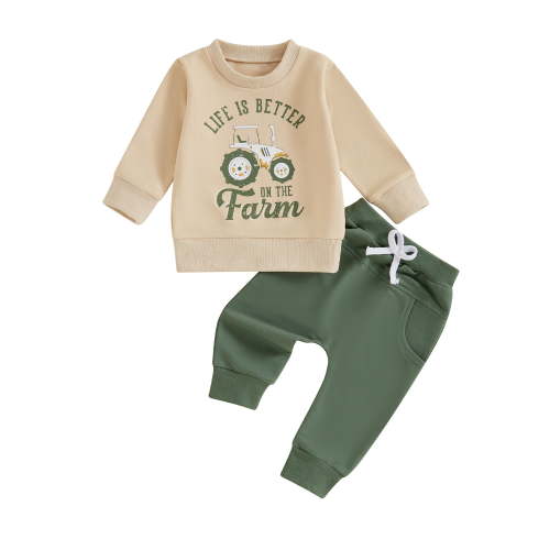 Baby Toddler Boy 2 Piece Fall Outfit, 0 6 12 18 24 Months 2T 3T 4T Letter Tractor Print Long Sleeve Sweatshirt Elastic Waist Pants with Pockets Clothing Set