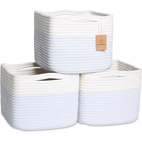NaturalCozy Storage Cubes 9”x9”x7”Cotton Rope Woven Baskets for Organizing 3-Pack | 9 Inch Cube Storage Bin | Small Basket for Shelf Nursery, Pantry, Decorative Plant, Bathroom Closet, Toy Gift