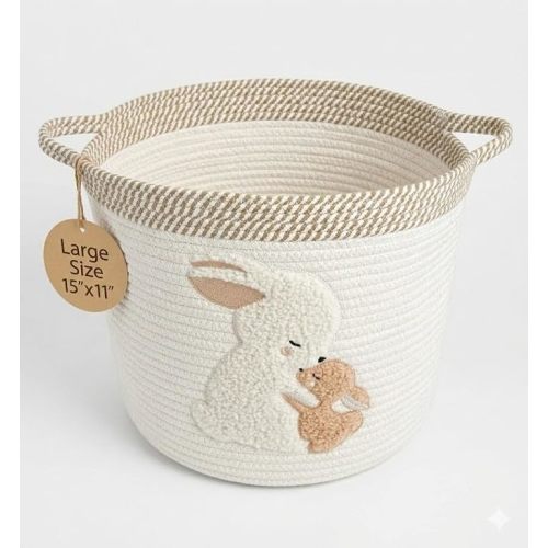 Kid's Storage Basket | 35L Woven Cotton Rope Bin with Bunny Design, Strong Handles | Foldable Baby-Safe Organization for Stuffed Animals, toys, Laundry Hamper | Nursery & Shelves Storage