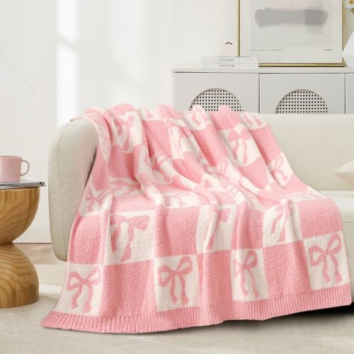 Soft Pink Bow Checkered Knit Throw Blanket Reversible Breathable Bed Blankets for Couch Sofa Bed Decor Gift 50*60" - Snuggle Sac
