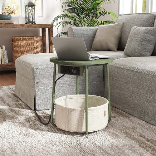 LEDREM Round Charging Side Table - End Table with 2 Outlets & Fabric Basket, Space-Saving Nightstand, Forest Green and Cream White