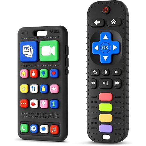 2 Pack Baby Teething Toys for 3-6 6-18 Months, Silicone Phone & TV Remote Control Shape Teether Toys, Newborn Teething Relief Sensory Chew Toys, Baby Shower Gifts for Infant Boys Girls 6-12 Months