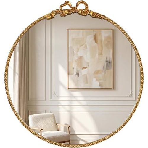 28 Inch Gold Bow Mirror, Beaded Mirror with Bow, Round Gold Mirror for Bathroom/Dresser/Bedroom/Living Room/Vanity/Nursery