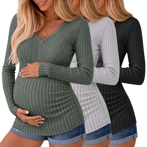 Ficerd 3 Pack Women Maternity Ribbed Long Sleeve Sweater Shirts | Pregnancy Tops, V Neck Knit Shirt, Side Ruched Pregnant Clothes, Soft Fall Maternity Sweater, Casual Winter Trendy Outfits