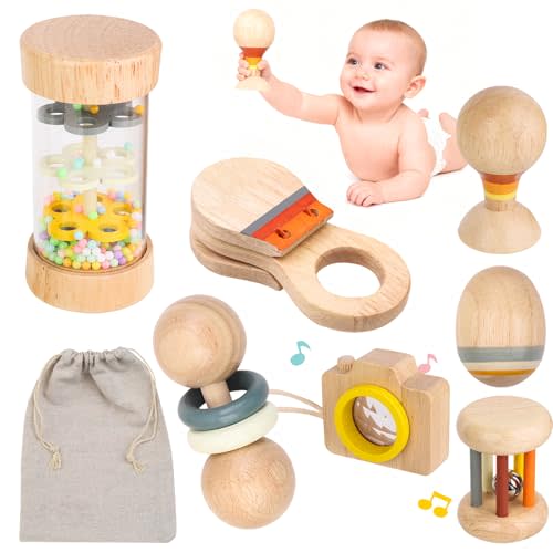 Montessori Wooden Baby Toys 0-12 Months, 7-Piece Sensory Rattle & Music Set | Rain Sound Tube and Rattle Roller for grasping, shaking, rolling, sound discovery and visual exploration with Storage Bag