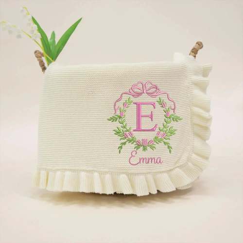 Personalized Floral Leaf Embroidery Initial Baby Blanket