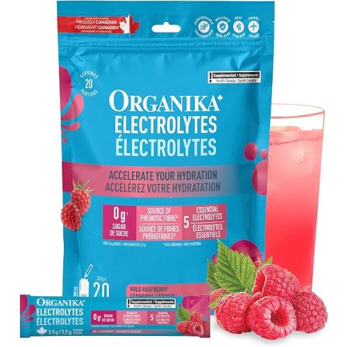 Organika Canadian-Made Electrolytes Powder with Vitamin C & Prebiotic Fibre - Sugar-Free Hydration Drink Mix - Wild Raspberry - 20 Single-Serve Sachets x 3.5g