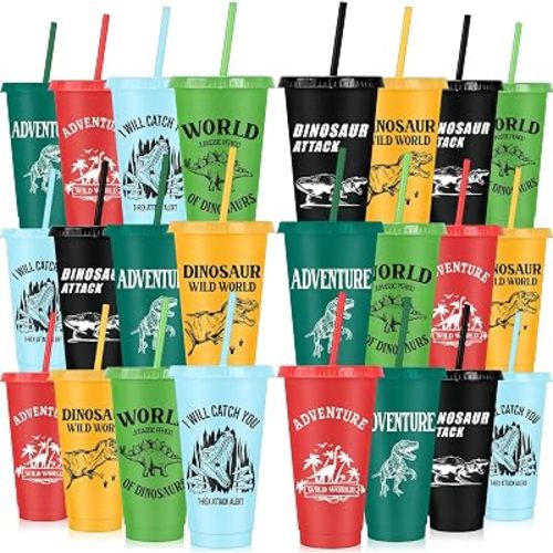 Lot de 24 gobelets dinosaures avec couvercles et pailles, 700 ml