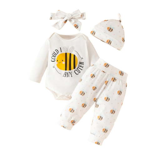 GYRATEDREAM Baby Girl Clothes, Newborn Infant Baby Girls Outfit Long Sleeve Ruffle Romper + Bee Pants + Headband + Hat Set for 9-12M White