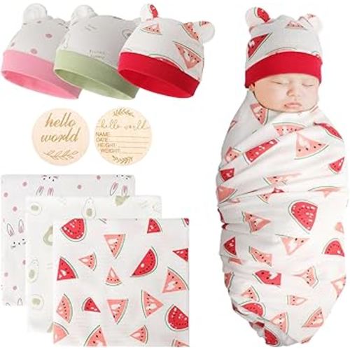 BQUBO Cotton Baby Swaddle Hat Set Newborn Infant Receiving Blankets with Bear Ears Hat Wooden Birth Announcement Card Newborn Unisex Swaddle Wrap Sets Warm Shower Gift