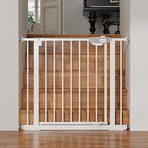 Safety Gate for Stairs & Doorways, Auto-Close Baby Gate or Dog Gate – Pressure Mount No Drilling, 30" Tall All Metal Frame with Dual Locking System (White, 30" Tall 29"-39" Wide)