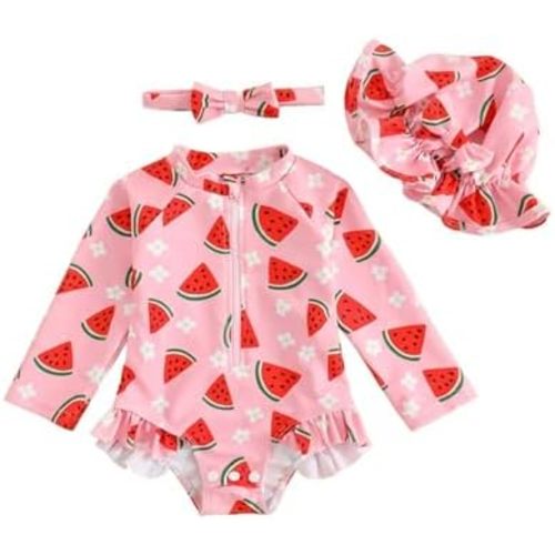FishingDino Baby Swimsuit Girl Rash Guard Set 3M-3T, Long Sleeve UPF Infant Bathing Suit with Hat & Headband, Bottom Snaps