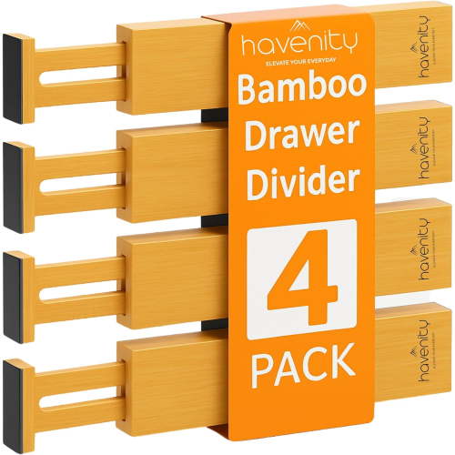 Havenity Bamboo Expandable Drawer Dividers 4 Pack, 14" To 19", Natural Wood Kitchen and Closet Organizer