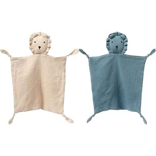 insular Lovey Blanket for Boys and Girls, Cotton Muslin Security Blanket for Babies, Soft Breathable Lovie Soothing Towel for Newborn and Infant, 2 Pcs Set, Khaki&Blue