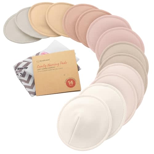 Organic Nursing Pads, 14 Washable Breast Pads,Wash Bag (Neutrals, L 5") | Viscose Derived from Bamboo, Breast Pads for Breastfeeding, Reusable Nipple Covers, Breastfeeding Essentials, Soft, Absorbent