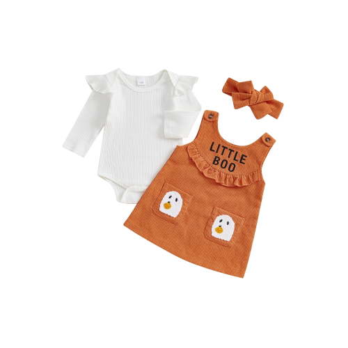 Loicainy Infant Baby Girl Halloween Clothes Set 3 6 12 18 Months Solid Long Sleeve Romper Ghost Embroidery Overall Dress Headband 3 Pcs Outfits