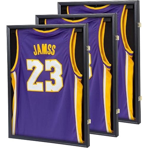 Jersey Frame Display Case 3 Pack, Large Lockable Shadow Box Sports Jersey Frame with UV Protection Acrylic and 2 Hanger for Baseball Basketball Football Soccer Hockey Shirt,Graduates Black