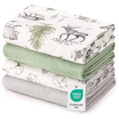david's kids Muslin Swaddle Blankets, 4 Pack Organic Cotton Baby Blankets, Breathable Soft Receiving Blanket for Boys Girls, Newborn Essentials, Large 47 x 47 inches, Animal & Forest