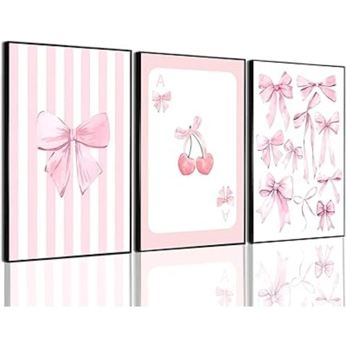 3 Pcs Trendy Pink Striped Bow Canvas Wall Art Preppy Cherry Playing Cards With Bow Tie Pattern Posters Coquette Aesthetic Room Wall Decor for Girls Bedroom Living Room Dorm Apartment Valentine Decoration 12*16In Unframed