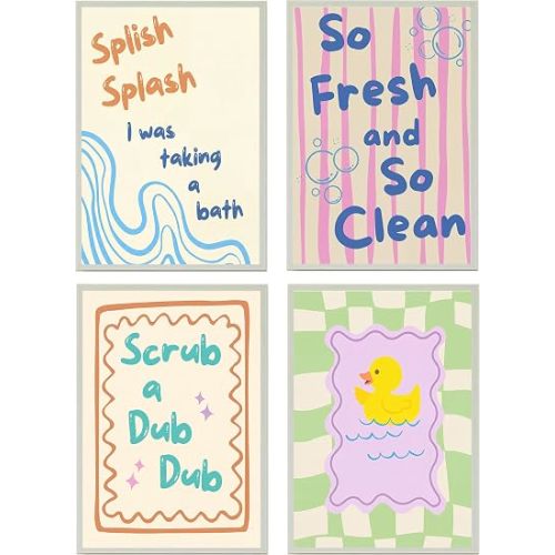 Framed Funny Bathroom Quotes Wall Art Set of 4, Splish Splash Bath Time Pictures Wall Decor, Preppy Paintings Canvas Prints Cute Rubber Duck Home Decor for Kids Bathroom Nursery 8x10 Inch Ready to Hang