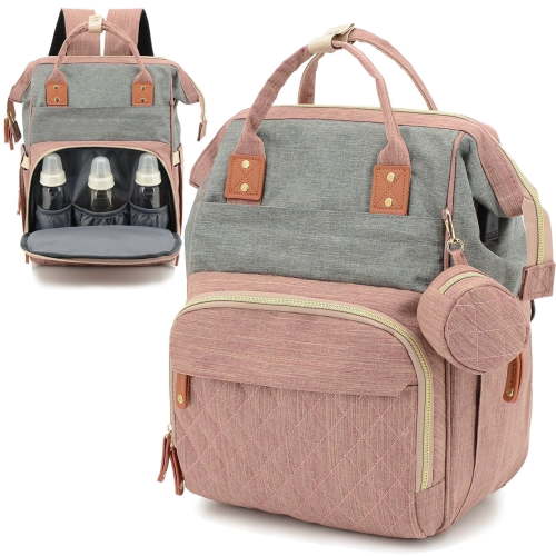 DERSTUEWE Baby Diaper Bag Backpack, Multifunctional Waterproof Travel Bag, 16 Pockets, Pink Grey