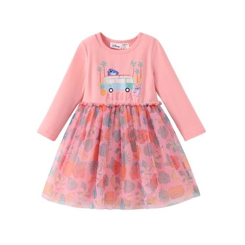 Disney Lilo & Stitch Dress Toddler Girls Long Sleeve Floral Double-Layered Tulle Winter Fall Clothes Kids Birthday Gift Party Outfit 5-6 Years