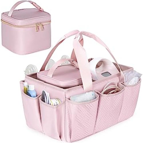 Fasrom Breast Pump Caddy Organizer Bag with Cooler Compatible with Spectra S1 and S2, Pumping Tote Bag Baby Diaper Storage Basket to Hold Pump Parts and Baby Items, Pink (Patent Design)